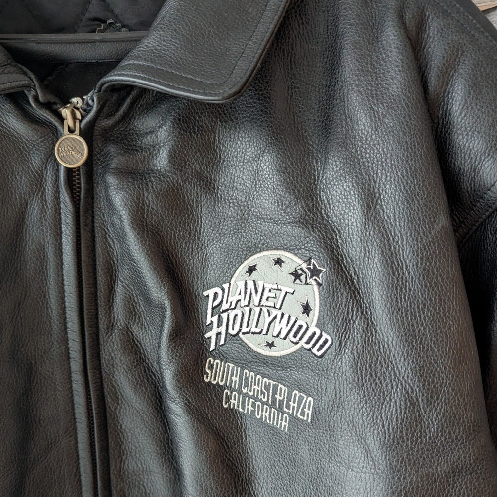 Vtg 90s Planet Hollywood Bomber Jacket Black Leather South Coast California 2XL - Picture 4 of 11